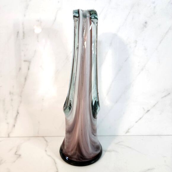 Vintage Hand-Blown Art Glass Basket Vase Swirl Purple Gray Stretched Handle - Picture 7 of 10